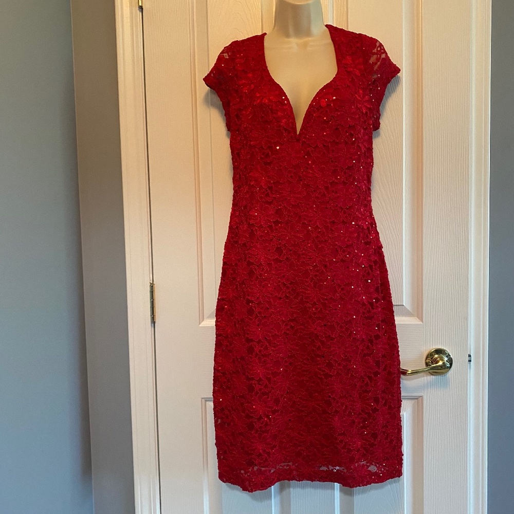 Connected Apparel Red Lace & Sequin Cocktail Dress Sz 14